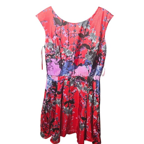 Julian Taylor Red & Floral Cap Sleeve Fit & Flare Dress With Back Zipper size 14 - Picture 1 of 6